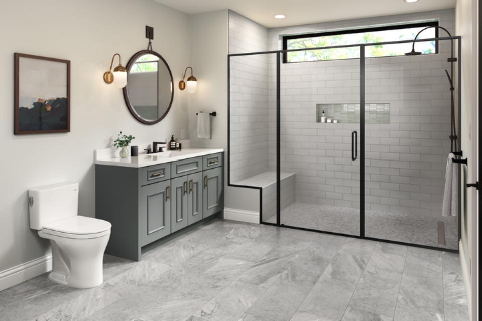 grey marble tile flooring in bathroom.